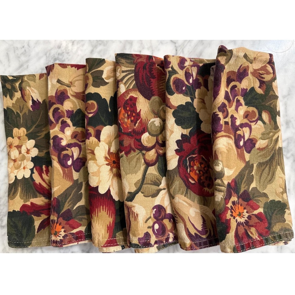 Lauren Ralph Lauren Cliftwood Floral Fruit Napkins Set of 6 Burgundy Tan 19x17
